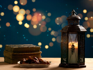 Wall Mural - lantern with night sky and bokeh light background for the Muslim feast of the holy month of Ramadan Kareem