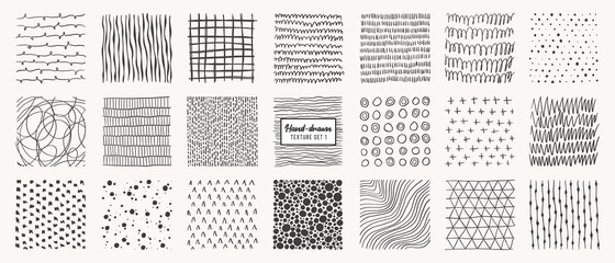 Set of hand drawn patterns isolated. Vector textures made with ink, pencil, brush. Geometric doodle shapes of spots, dots, circles, strokes, stripes, lines. Template for social media, posters, prints.