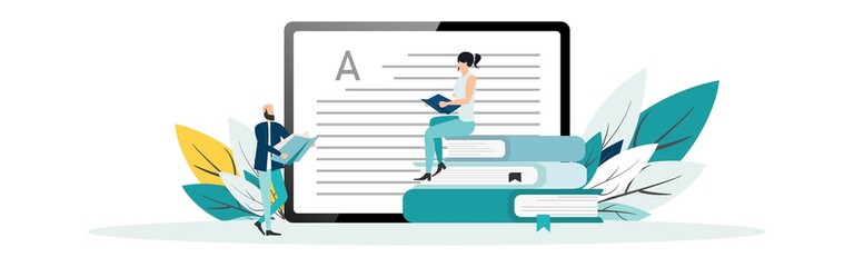 Wall Mural - Online education vector illustration. Concept of online courses. e-learning. digital library. e-book. online exam. examination and testing in university. college. Flat illustration for UI, banner.