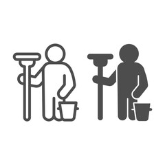 Poster - Man with mop and bucket line and solid icon, car washing concept, wash specialist sign on white background, Car washer icon in outline style for mobile concept and web design. Vector graphics.