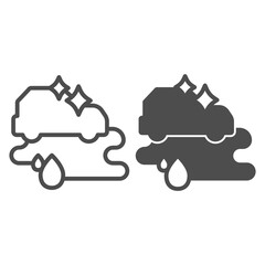 Poster - Clean car and puddle of water line and solid icon, car washing concept, Cleaning station sign on white background, Car with soap foam icon in outline style for mobile and web design. Vector graphics.