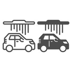 Poster - Process of washing car in conveyor car wash line and solid icon, car washing concept, Automatic vehicle steam cleaning sign on white background, Carwash icon in outline style. Vector graphics.
