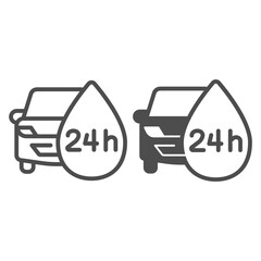 Poster - Round-the-clock car wash line and solid icon, car washing concept, wash service sign on white background, automobile with water drop icon in outline style for mobile and web design. Vector graphics.