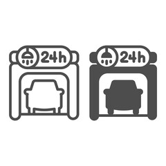 Poster - Garage with car wash sign and vehicle inside line and solid icon, car washing concept, garage sign on white background, Car wash entrance icon in outline style for mobile. Vector graphics.