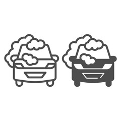 Poster - Car with soap foam line and solid icon, car washing concept, Cleaning station sign on white background, automobile in foam icon in outline style for mobile concept and web design. Vector graphics.