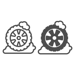 Poster - Wheel with tire in foam line and solid icon, car washing concept, car cleaning service symbol on white background, Wheel car washing icon in outline style for mobile and web design. Vector graphics.