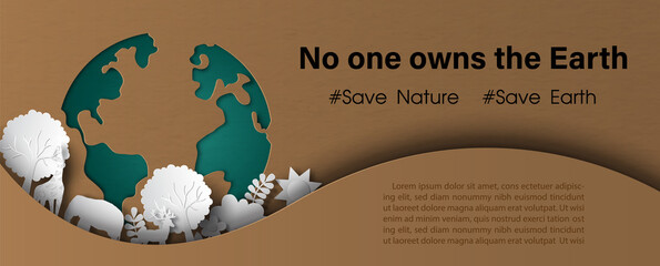 Fototapete - Environment of nature on green global with the Earth day slogan in poster's campaign of Earth day by paper cut style and banner vector design on brown (recycle paper pattern) background.
