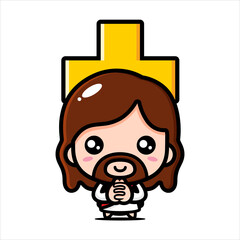 Wall Mural - Vector design of cute cartoon Jesus praying with a cross sign on the back