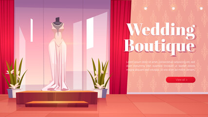 Wedding boutique cartoon landing page, bridal shop interior with dresses on mannequins and large mirrors with lighting. bride gowns selling showroom with fashioned women dressing, vector web banner