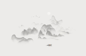 Wall Mural - Hand painted Chinese ink landscape