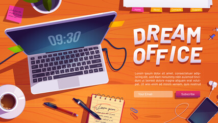 Poster - Dream office website with top view of workspace with laptop, stationery and plant on wooden table. Vector landing page with cartoon workplace with computer, mobile phone, note book and pens on desk