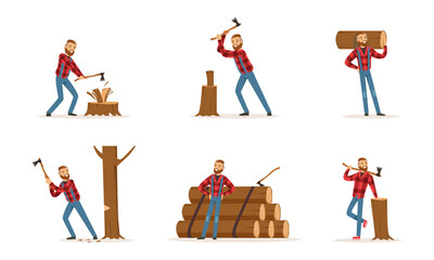 Poster - Man Lumberjack in Action Set, Woodcutter Cartoon Character Wearing Plaid Shirt Working with Axe Cartoon Vector Illustration