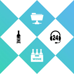 Poster - Set Bottle of wine, Bottles box, FTP folder and Headphone for support icon. Vector