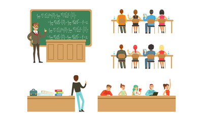 Poster - Students at University Set, Students and Professors in Lecture Hall at Learning Process Cartoon Vector Illustration