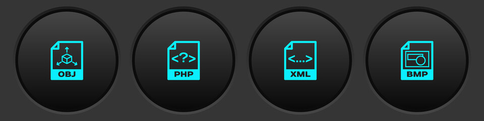 Set OBJ file document, PHP, XML and BMP icon. Vector