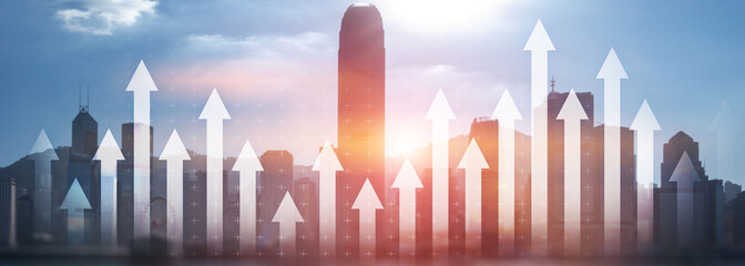 Wall Mural - financial growth arrow chart city view website panoramic header banner. investment, stock trading, e
