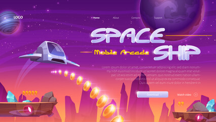 Poster - spaceship mobile game website with rocket on universe background. 2d arcade videogame for play on ph