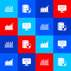 Sticker - Set Pie chart infographic, Server with shield, and Location sales funnel icon. Vector