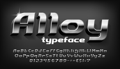 Poster - Alloy alphabet font. 3D metal letters, numbers and punctuation with shadow. Stock vector typeface for your typography design.