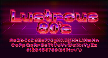 Poster - lustrous 80s alphabet font. 3d red light letters, numbers and punctuations in 80s style. uppercase a