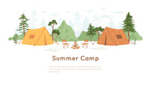 Summer Camp Concept. Tent With Campfire And Chairs In Forest. Fir Trees Silhouette And Hills On White Background. Banner For Eco Tourism, Nature Traveling, Camping, Hiking.