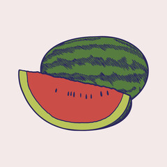 Wall Mural - Hand drawn engraved sketch of fresh watermelon fruits. Vegetarian food concept. A whole and slice of watermelon with colored isolated in vintage style. Summer fruit great for label, poster, print