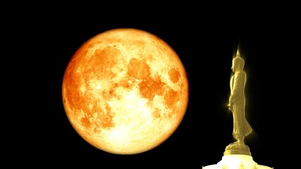 super full blood moon and buddha looking seven day style on the night sky, visakha bucha day, or day
