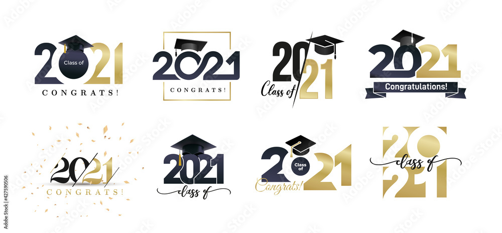 Class of 2021 badges big set. Congrats graduates design concept. Gold and black graduation logo set. Template for web, site, cards, print, invitations, seal or stamp. Vector grad labels collection. - obrazy, fototapety, plakaty 