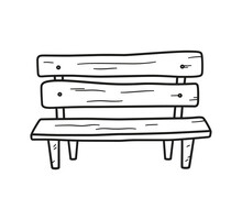 Old Wooden Bench In Doodle Style. Hand Drawn Vector Illustration On White Background