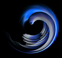 Blue, White Wavy And Arched Planes Rotate Against A Black Background. Abstract Fractal Background. Graphic Design Element. 3d Rendering. 3d Illustration. Symbol, Sign, Icon, Logo.