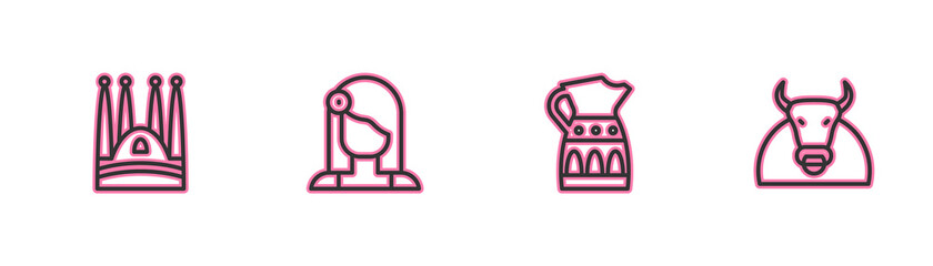 Sticker - Set line Sagrada Familia, Sangria pitcher, Spanish woman and Bull icon. Vector