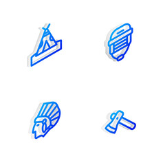 Sticker - Set Isometric line Hockey helmet, Indian teepee or wigwam, Native American and Wooden axe icon. Vector