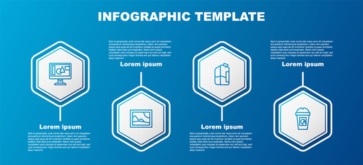 Sticker - Set line Computer monitor screen, Picture landscape, Printer ink bottle and Coffee cup go. Business infographic template. Vector