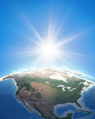 Canvas Print - sun shining over a high detailed view of planet earth, focused on north america, usa and canada. 3d 