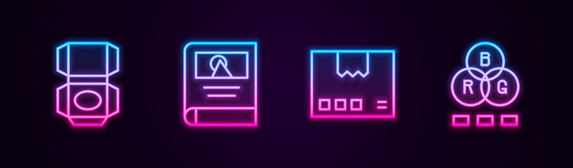 Sticker - Set line Carton cardboard box, Photo album gallery, and RGB color mixing. Glowing neon icon. Vector