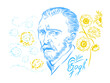 Vector illustration of a portrait of Vincent van Gogh on a background of sunflowers and clouds.