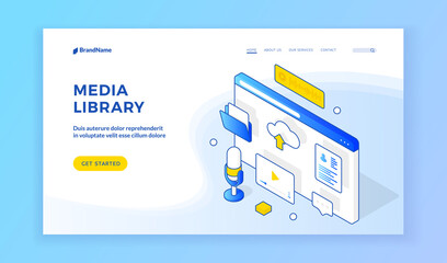 Poster - Media library. Isometric web page template presenting service of online media library. Browser screen with podcast, video, files, upload, text and message icons. Web banner, landing page template