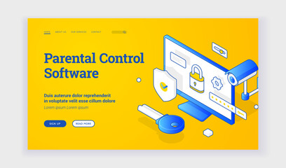 Parental control software. Isometric vector landing page template with blue elements of surveillance and locked home computer representing service for parental control software. Isometric web banner