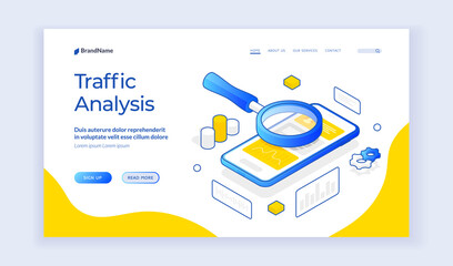 Poster - Traffic analysis. Isometric banner template with magnifying glass above mobile phone for concept of traffic analysis. Mobile page speed optimization. Secure web traffic. Landing page template