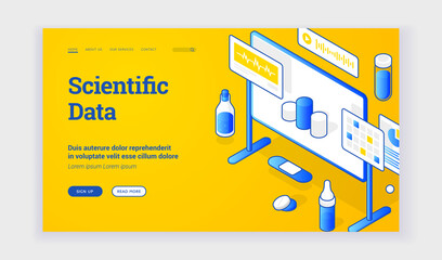 Poster - Scientific data. Isometric vector front web page with elements of board and lab equipment presenting information to learn about contemporary scientific data. Web banner, landing page template