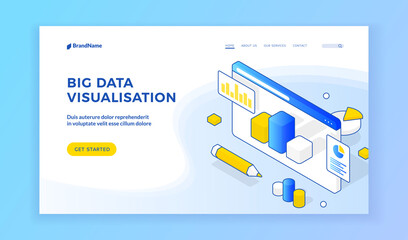 Poster - Big data visualization. Isometric vector illustration of website with graphs on advertisement banner. Advanced analytics, research, audit, artificial Intelligence, planning. landing page template
