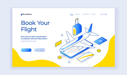Poster - Book your flight. Vector banner of contemporary website with icons of mobile phone and airplane with tourist items offering information about booking flight. Web banner, landing page template