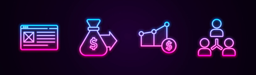 Poster - set line browser window, money bag, pie chart and dollar and project team base. glowing neon icon. v