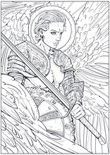 Coloring Page For Adults. Handsome Warrior Angel With An Open Muscular Torso In A Plate Shoulder With A Sword And Shield Looks Menacingly In Front Of Him, 2D Illustration 