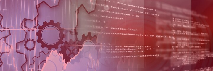 Machine gears and computer code against gradient background, technology and program coding concept