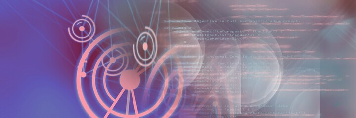 Computer code and network of connection against gradient background, program coding concept