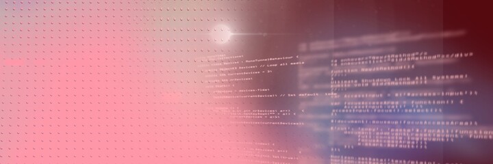 Computer code and metal machine surface against gradient background, program coding concept