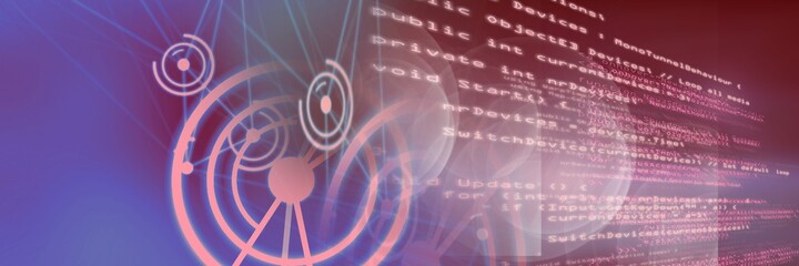 Computer code and network of connection against gradient background, program coding concept