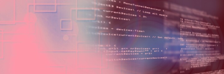 2d geometric shapes and computer code against gradient background, program coding concept