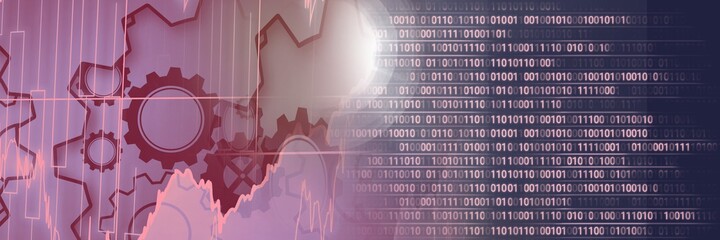 Machine gears and computer code against gradient background, technology and program coding concept